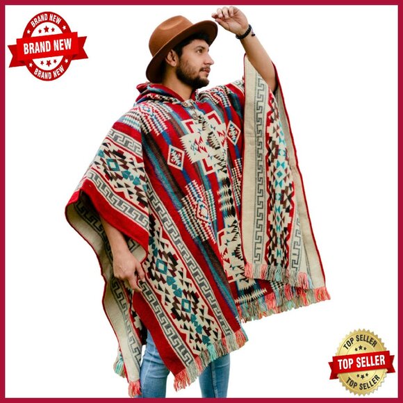 Alpaca Wool Poncho with Hood Oversized Western Style 50x82.5 Inches